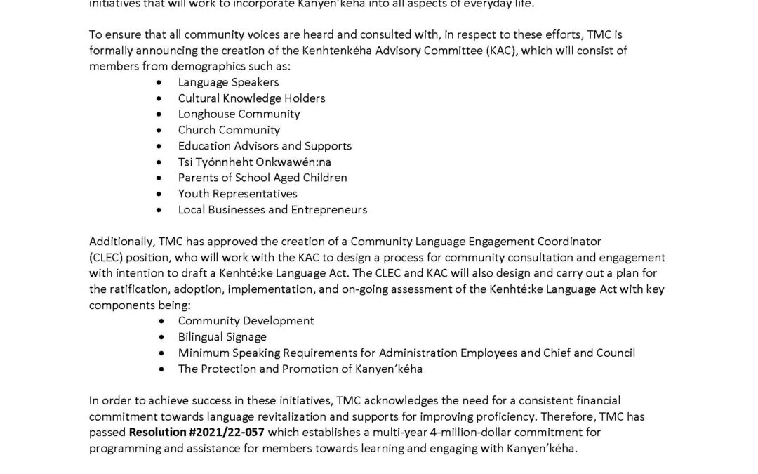 NOTICE: TMC statement regarding official language of the Tyendinaga Mohawk Territory