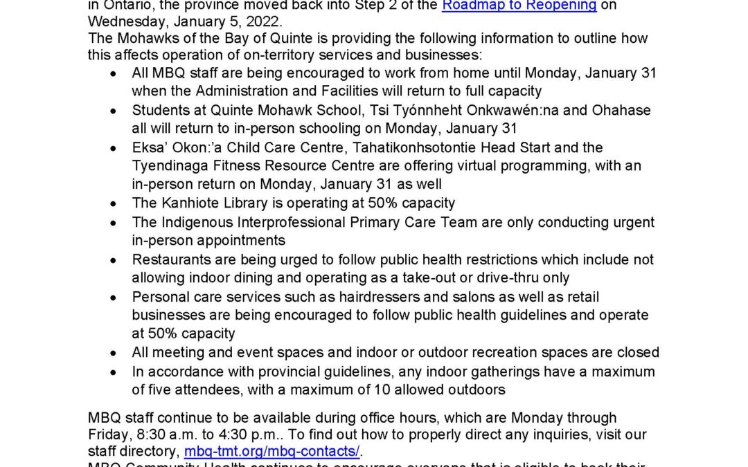 Update on the Status of COVID-19 in Tyendinaga Mohawk Territory