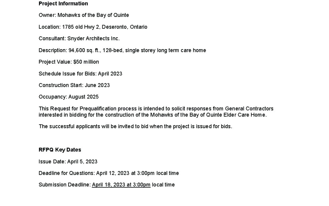 NOTICE: Request Prequalification of General Contractors for the Construction of the Mohawks of the Bay of Quinte Elder Care Home