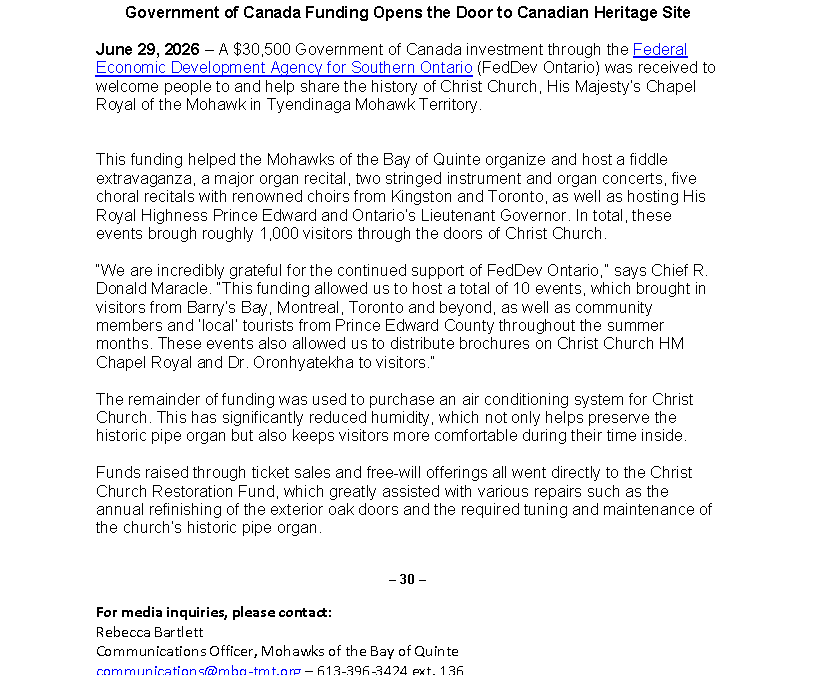 Government of Canada Funding Opens the Door to Canadian Heritage Site