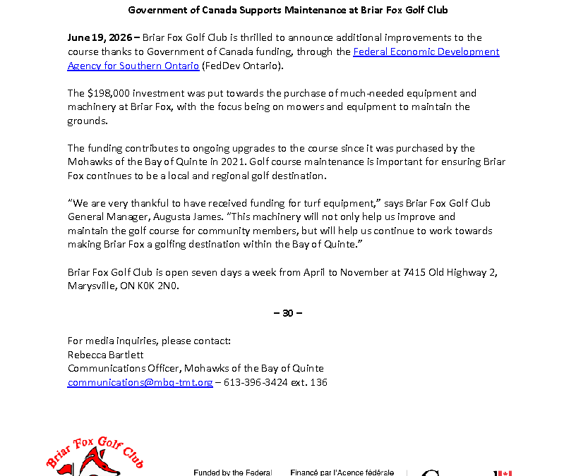 Government of Canada Supports Maintenance at Briar Fox Golf Club